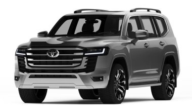 Almaty, Kazakistan - Haziran 2022: Gıcır gıcır Toyota Land Cruiser 300 koyu arka planda izole edildi. 3d hazırlayıcı