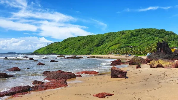 Hindistan Sahili 'nde yeşil tepe ve kırmızı kayalar Arambol, Goa, Hindistan' da