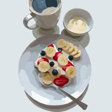 A Healthy Happy Breakfast . A Bowl of banana, strawberry, and blueberries. And a mug black coffee. Fashion background vector