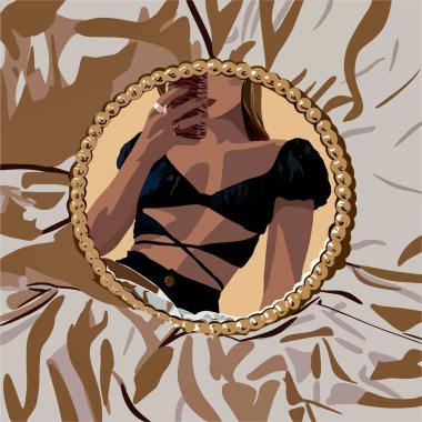 The girl takes pictures of herself in the mirror on a phone with a leopard print. Vector fashion illustration  clipart