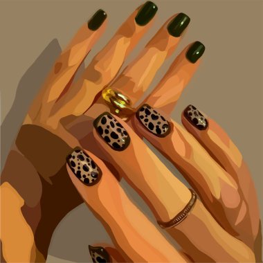 Leopard manicure. female hands with rings. Vector fashion background 