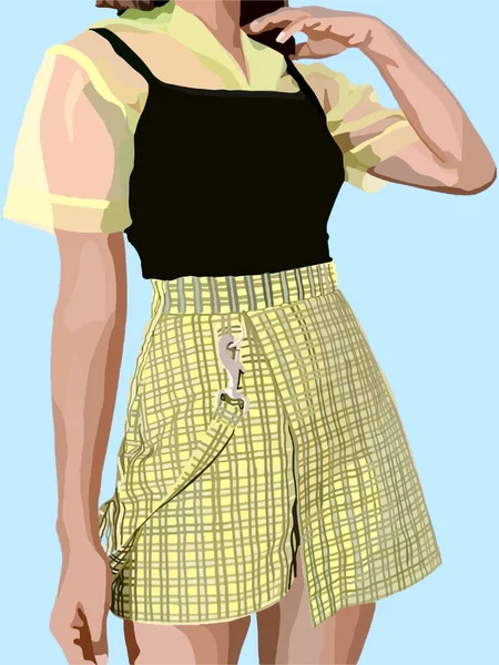 Girl Yellow Plaid Skirt Suspenders Yellow Transparent Top Vector Fashion — Stock Vector