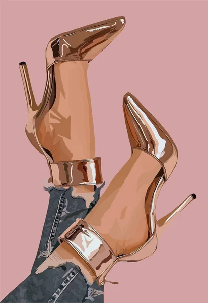 Chaussures Beiges Brillantes Sur Les Jambes Féminines Illustration Vectorielle Mode — Image vectorielle