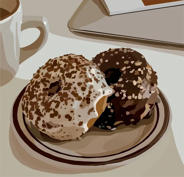 Délicieux Beignets Chocolat Sur Une Assiette Illustration Vectorielle Mode — Image vectorielle