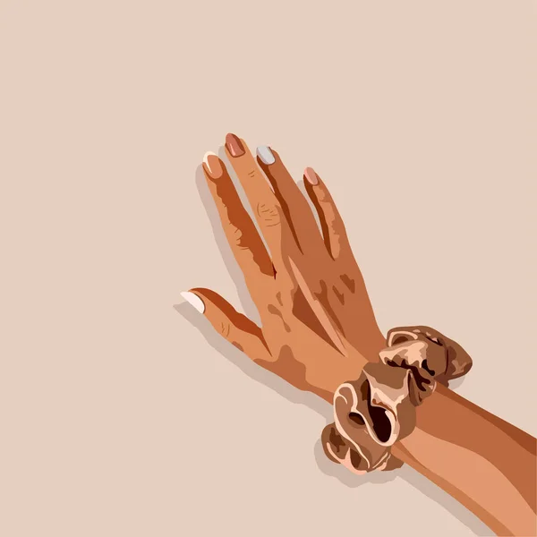 Weibliche Hand Mit Nackter Maniküre Und Haargummi Vektor Mode Illustration — Stockvektor
