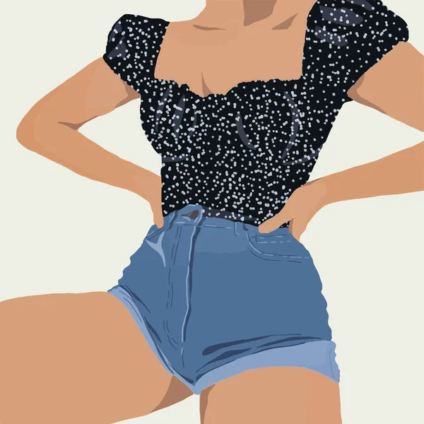 Uma Rapariga Calções Jeans Top Bolinhas Pretas Ilustração Moda Vetorial — Vetor de Stock