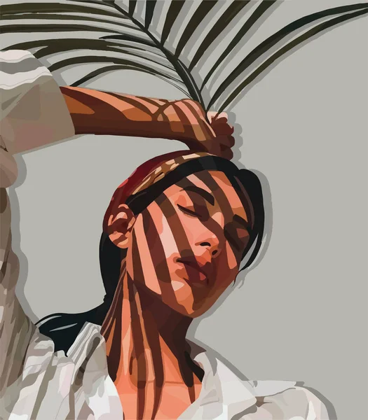 Mädchen Mit Einem Schatten Auf Dem Gesicht Von Einem Palmblatt — Stockvektor