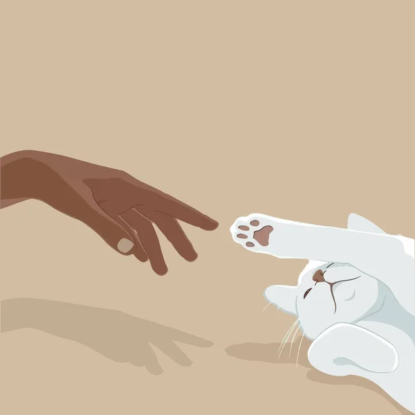 Mano Una Chica Jugando Con Gato Blanco — Vector de stock