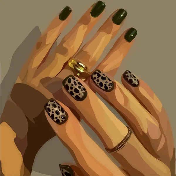 Manicura Leopardo Manos Femeninas Con Anillos Fondo Moda Vectorial — Archivo Imágenes Vectoriales