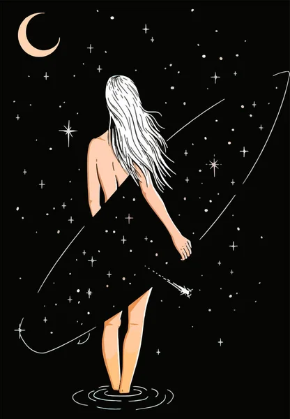 在夜空中 带着冲浪板的金发姑娘 — 图库矢量图片