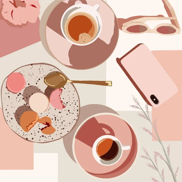 Μακαρά Καφέ Τηλέφωνο Και Ποτήρια Στο Τραπέζι Ροζ Χρώμα Εικονογράφηση — Διανυσματικό Αρχείο