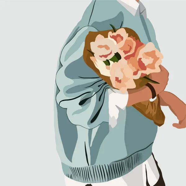 Дівчина Ятному Светрі Букетом Квітів Руках Вектор Модного Фону Стокова Ілюстрація