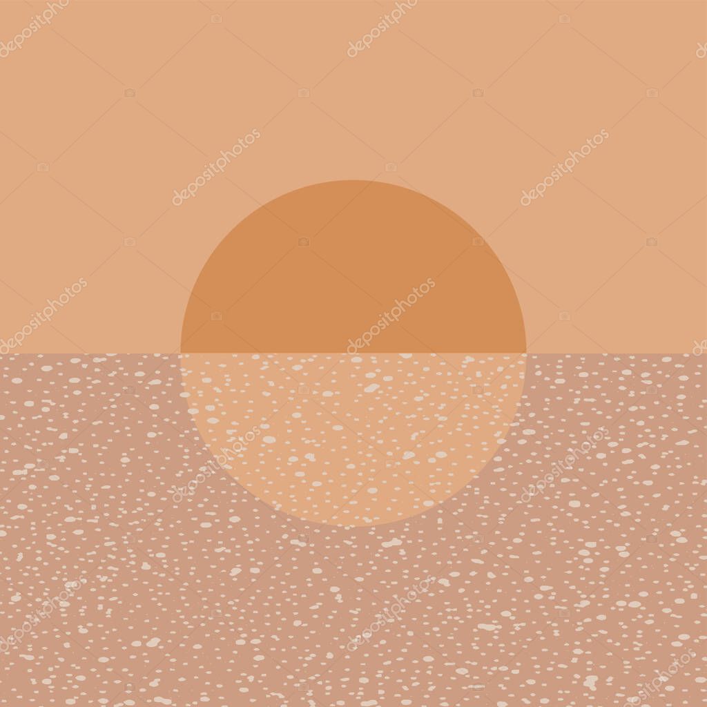 Abstract contemporary aesthetic background landscape with sunrise or sunset. Earth pastel color tones. Boho wall decoration. Mid century modern minimalist art print.
