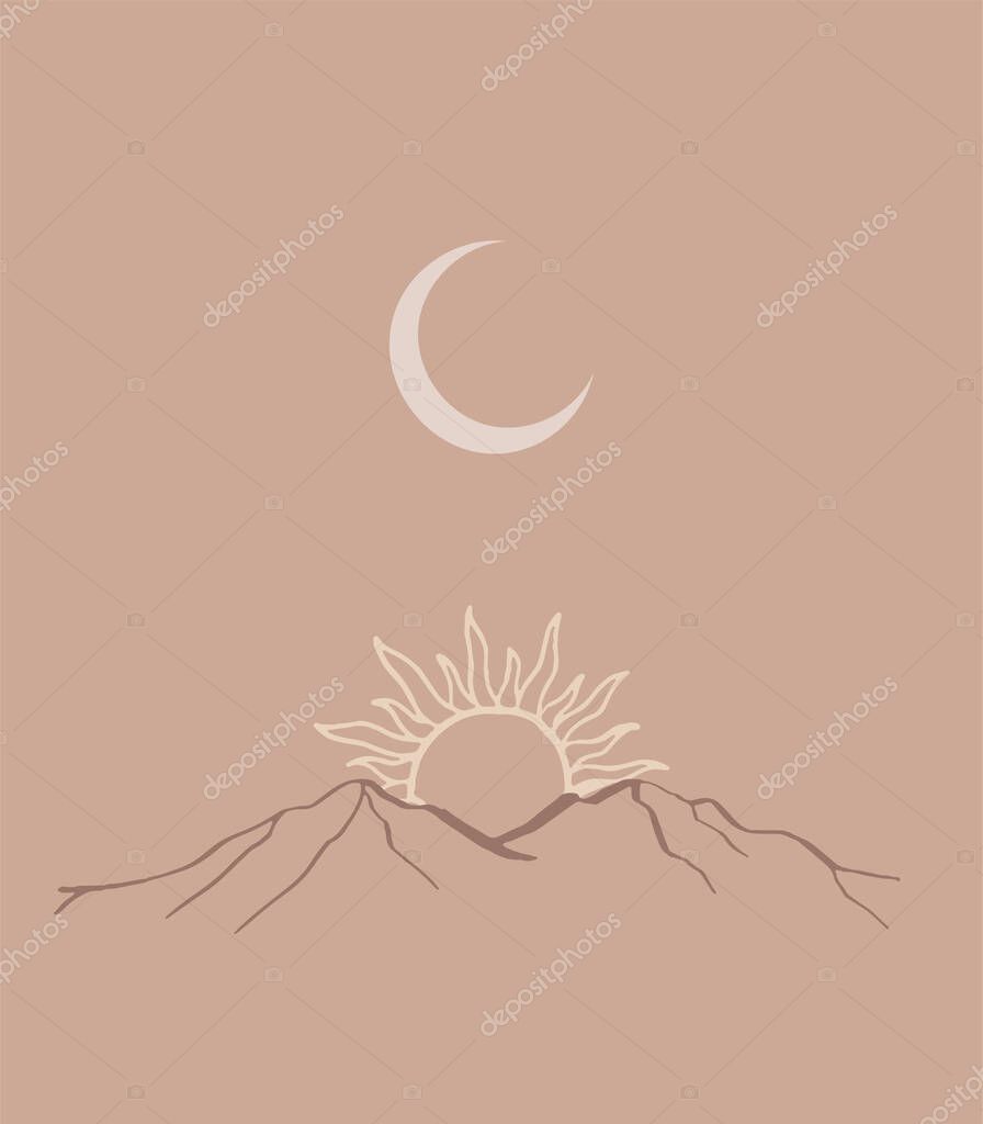 Abstract contemporary aesthetic backgrounds landscapes with sunrise, sunset, night. Earth tones, pastel colors. Boho wall decor. Mid century modern minimalist art print. Flat design.