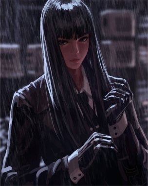 Yağmurda eldivenli anime kız..