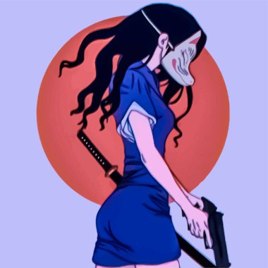 Maskeli, mavi elbiseli ve silahlı şık bir anime kızı. 