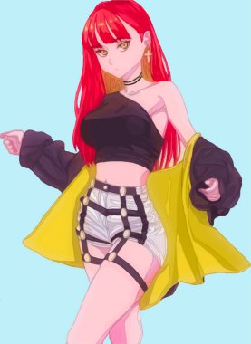 Parlak ve şık anime kızı, kızıl saçlı. 