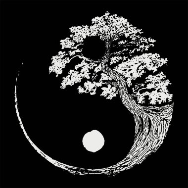 Yin yang sembolündeki siyah beyaz bonsai ağacı