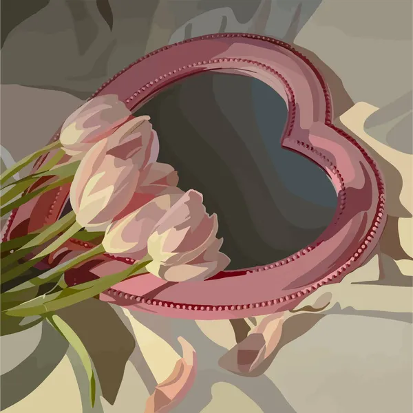 Рожеві Тюльпани Дзеркалом Лежать Ліжку Векторна Романтична Ілюстрація — стоковий вектор