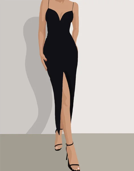 Silueta Una Mujer Elegante Vestido Negro Zapatos Ilustración Moda Vectorial — Archivo Imágenes Vectoriales