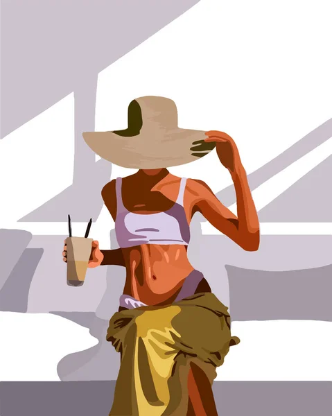 Μαυρισμένη Γυναίκα Καπέλο Και Κοκτέιλ Στο Χέρι — Διανυσματικό Αρχείο