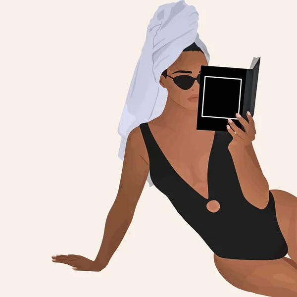 Κομψή Γυναίκα Πετσέτα Και Γυαλιά Διαβάζει Ένα Βιβλίο Φόντο Μόδας — Διανυσματικό Αρχείο
