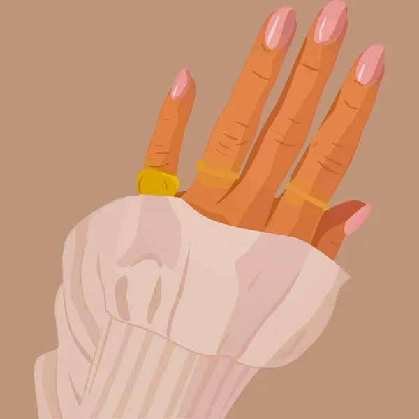 Mano Mujer Con Delicada Manicura Elegante Anillos Fondo Moda Vectorial — Vector de stock