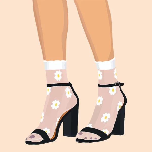 Γυναικεία Πόδια Μαύρα Παπούτσια Και Λευκές Κάλτσες Μαργαρίτες Εικονογράφηση Μόδας — Διανυσματικό Αρχείο