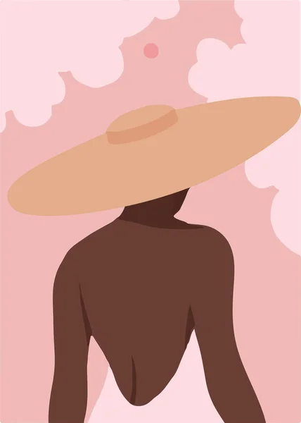 Belle Femme Chapeau Jaune Avec Large Bord Fille Forte Noire — Image vectorielle