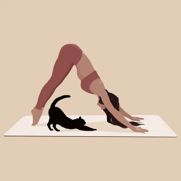 Das Mädchen Mit Der Katze Macht Yoga Vektorillustration — Stockvektor