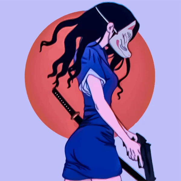 戴着面具 穿着蓝色衣服 拿着武器的时髦动漫女孩 — 图库矢量图片