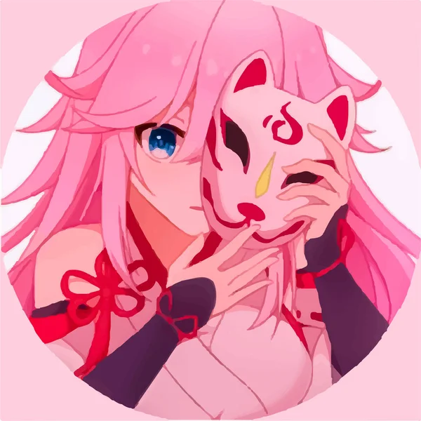 Mignon Anime Girl Avec Masque Pour Chat Cheveux Roses — Image vectorielle