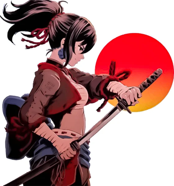 Anime Guerreiro Menina Com Uma Espada Suas Mãos Contra Pano — Vetor de Stock