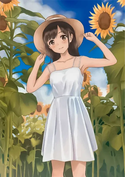 在向日葵和天空的背景上戴着一顶帽子的可爱的动漫女孩 — 图库矢量图片