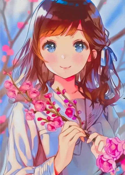 Gadis Anime Manis Memegang Bunga Sakura - Stok Vektor