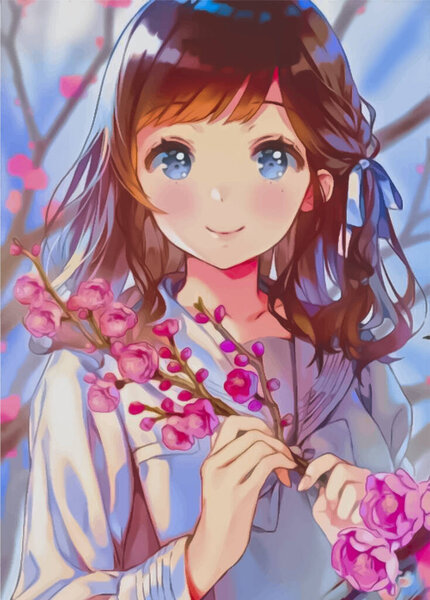 Cute Anime Girl Holding Sakura Flowers 