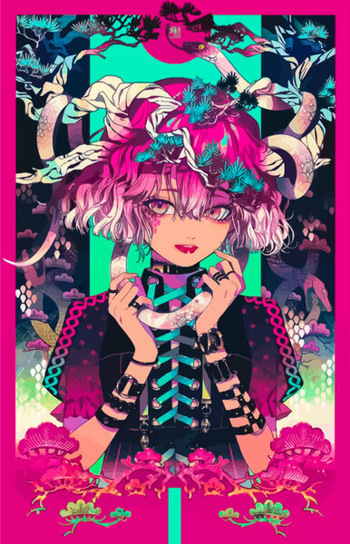 colorful anime girl with pink hair and snakes on her head 