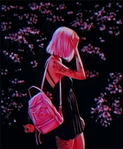 Gadis Anime Dengan Rambut Merah Muda Ransel Dan Rok Latar - Stok Vektor