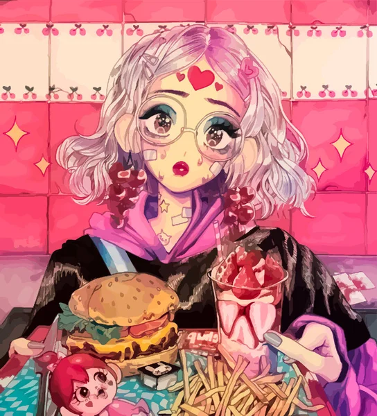 Anime Meisje Met Bril Met Een Hamburger Frietjes Een Cocktail — Stockvector