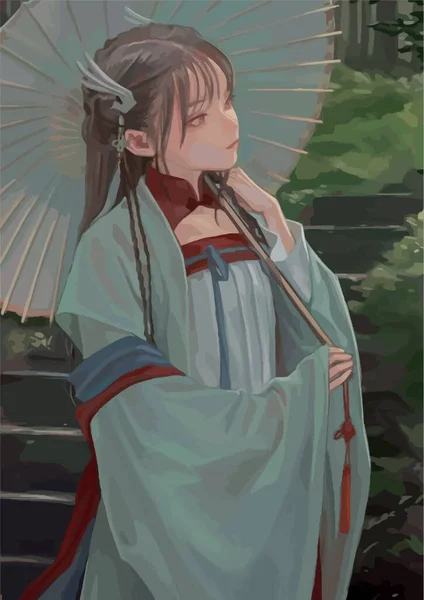Roztomilá Anime Dívka Gejša Kimonu Drží Deštník — Stockový vektor