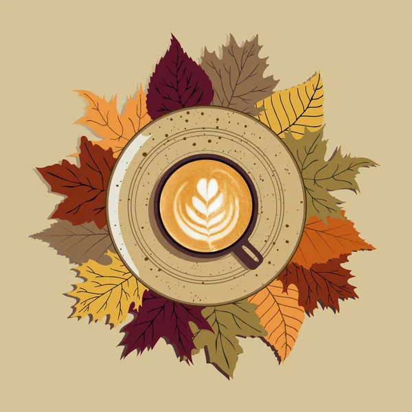 Podzim Podzimní Listí Horký Šálek Kávy Talíři Pozadí Listí Sezónní — Stockový vektor