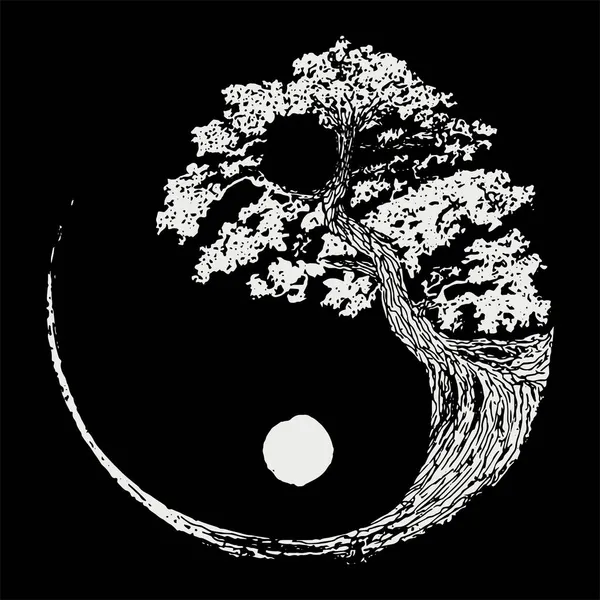 Schwarz Weißer Bonsai Baum Auf Yin Yang Symbol — Stockvektor