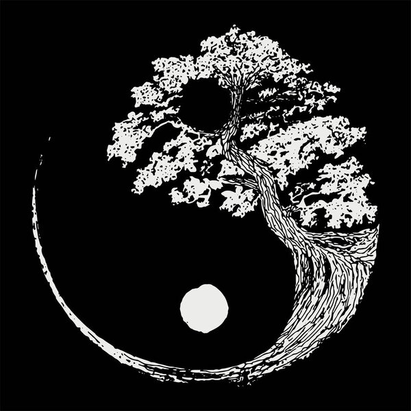 Black and white bonsai tree on yin yang symbol