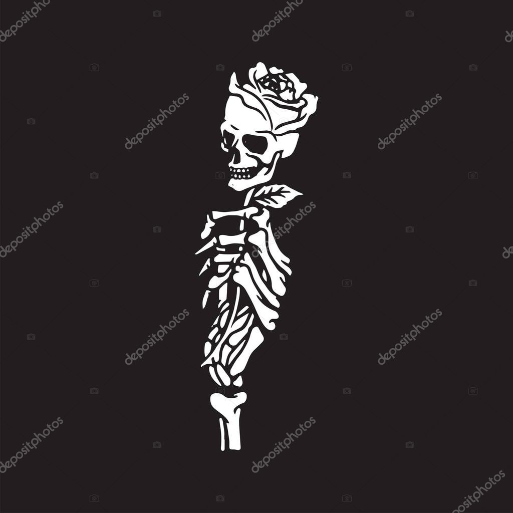 The skeleton hand holds a lovely rose-skull. Vector romantic illustration.