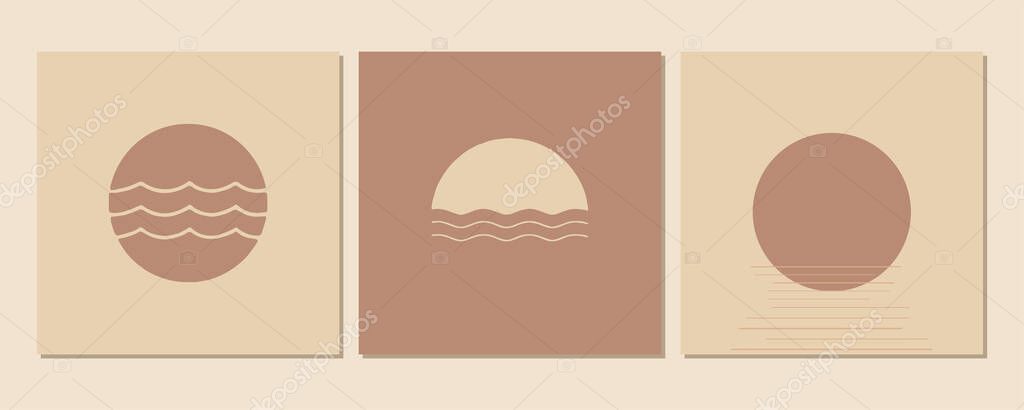 Abstract contemporary aesthetic backgrounds landscapes set with sunrise, sunset. Earth tones, pastel colors. Boho wall decor. Mid century modern minimalist art print.