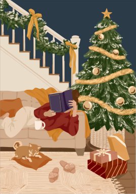 Kanepede kitabı olan bir kız, köpeğin yanında bir Noel ağacı ve yeni yıl hediyeleri. 