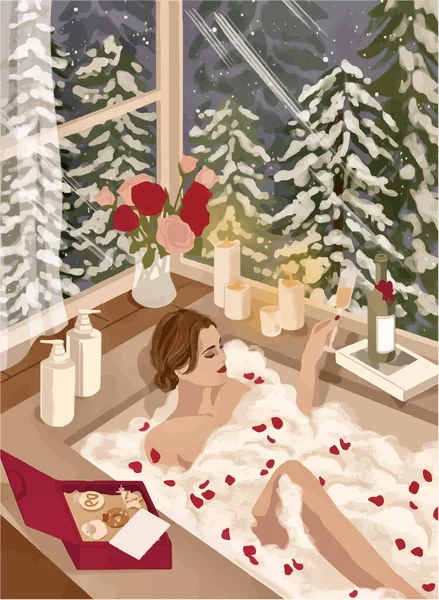 Karlı Bir Ormanın Arka Planında Bir Bardakla Banyoda Bir Kız — Stok Vektör