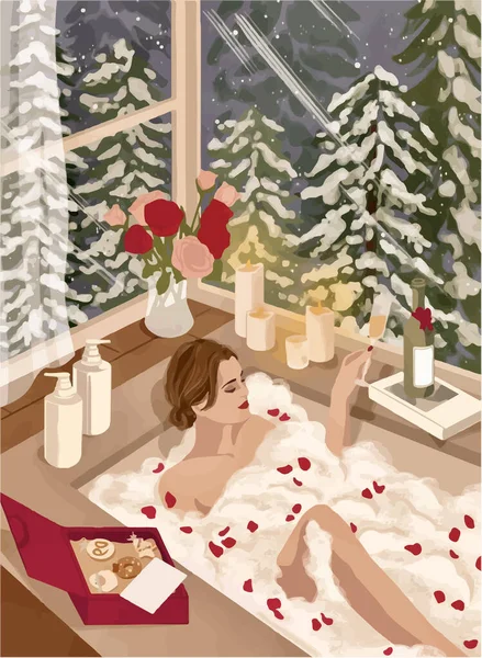 Chica Baño Con Vaso Fondo Bosque Nevado — Archivo Imágenes Vectoriales