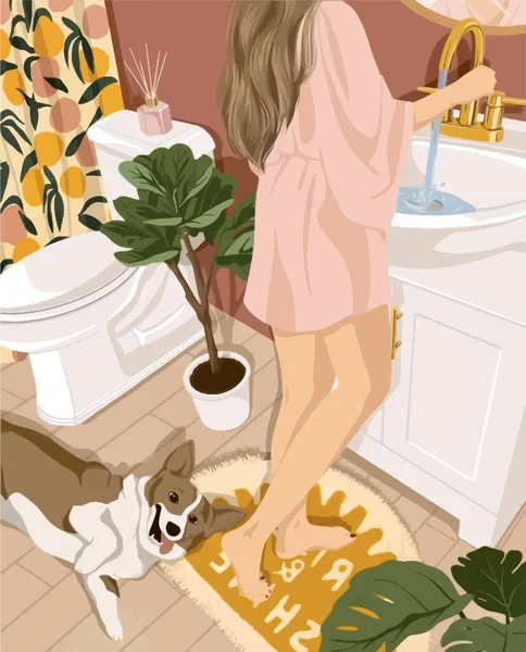 Κορίτσι Στο Μπάνιο Ένα Σκυλί Στο Χαλί — Διανυσματικό Αρχείο