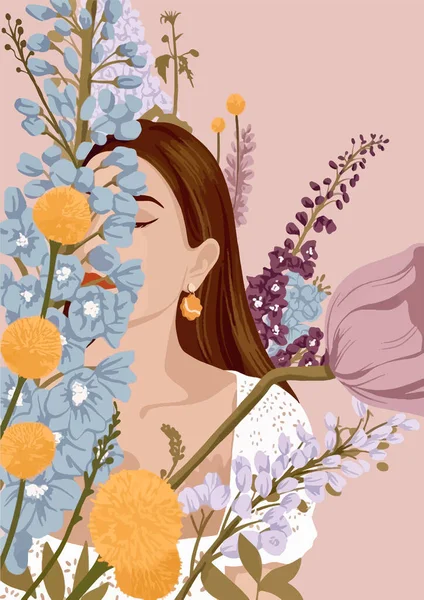 Прекрасна Дівчина Фоні Квітів Модна Векторна Ілюстрація — стоковий вектор